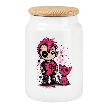 Punk Kid mit pinker Katze - Keksdose mit Holzdeckel - Weiß - Vorne