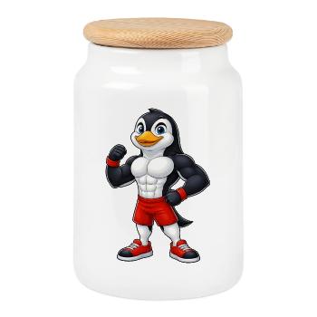 Muskel Pinguin Bodybuilder Fitness Training Bizeps - Keksdose mit Holzdeckel - Weiß - Vorne