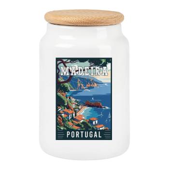 Explore Beauty of Madeira in Portugal - Cookie Jar with Wooden Lid - white - Front