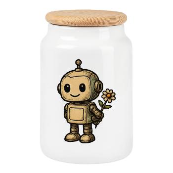 Robot mit Blume - Keksdose mit Holzdeckel - Weiß - Vorne