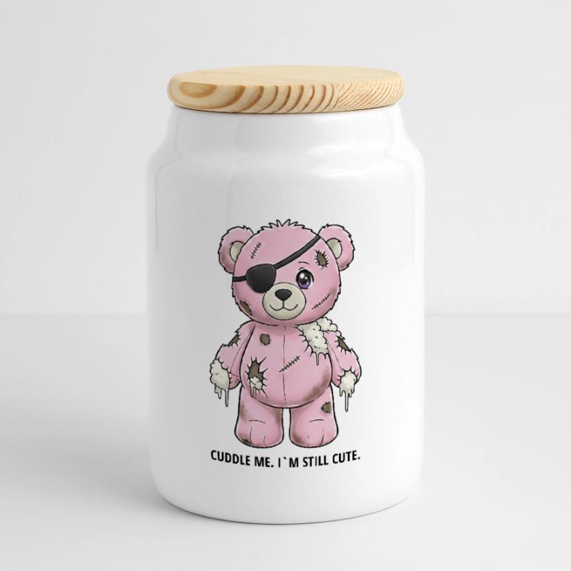 Patchwork Pink Teddy Bear with Eye Patch Cookie Jar with Wooden Lid