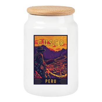 Explore Vibrant Cusco in Peru - Travel Art - Cookie Jar with Wooden Lid - white - Front