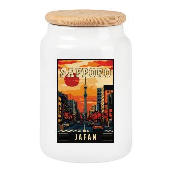 Explore Captivating City of Sapporo in Japan - Cookie Jar with Wooden Lid - white - Front