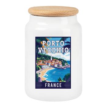 Découvrez le charmant Porto Vecchio en France - Boîte à biscuits avec couvercle en bois - blanc - Devant