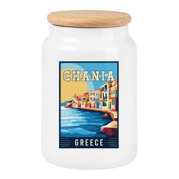 Discover Stunning Chania in Greece - Cookie Jar with Wooden Lid - white - Front