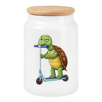 Mignonne tortue cartoon trottinette trottinette ennuyeuse - Boîte à biscuits avec couvercle en bois - blanc - Devant