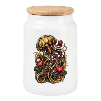 Jellyfish Tattoo Aesthetic Graphic - Cookie Jar with Wooden Lid - white - Front