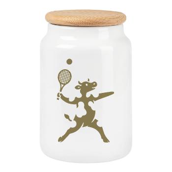 Minimalistische Kuh Tennisspieler Aufschlag  - Keksdose mit Holzdeckel - Weiß - Vorne