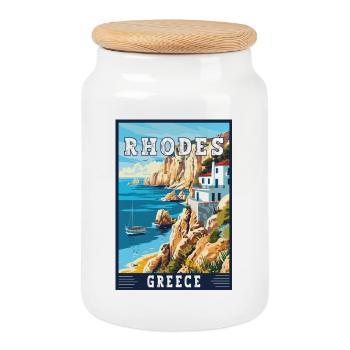 Discover Timeless Beauty of Rhodes in Greece - Cookie Jar with Wooden Lid - white - Front