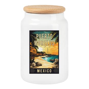 Discover Coastal Charm Puerto Morelos Mexico - Cookie Jar with Wooden Lid - white - Front