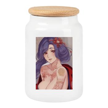 Geisha Bloom Tattooed  - Cookie Jar with Wooden Lid - white - Front