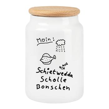 Typisch Nordisch Plattdeutsch Moin Scholle Bonsche - Keksdose mit Holzdeckel - Weiß - Vorne