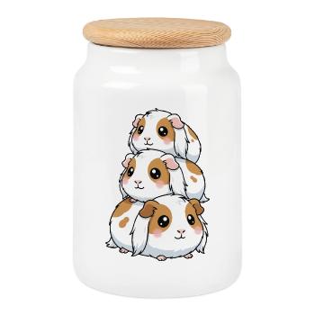 Stacked Guinea Pig Kawaii Trio - Cookie Jar with Wooden Lid - white - Front