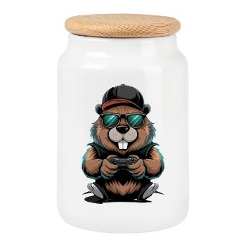 Cool Gamer Beaver With Controller And - Cookie Jar with Wooden Lid - white - Front