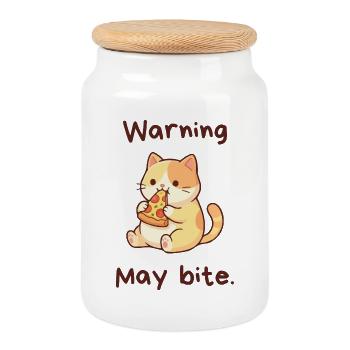 Avertissement : Peut mordre - Kawaii Pizza Cat - Boîte à biscuits avec couvercle en bois - blanc - Devant