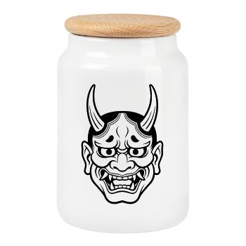 Japanese demon mask - Cookie Jar with Wooden Lid - white - Front