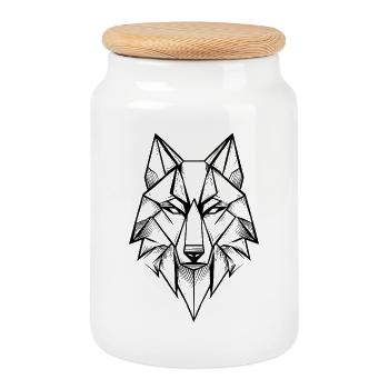 Moderner symmetrischer geometrischer Wolf - Keksdose mit Holzdeckel - Weiß - Vorne