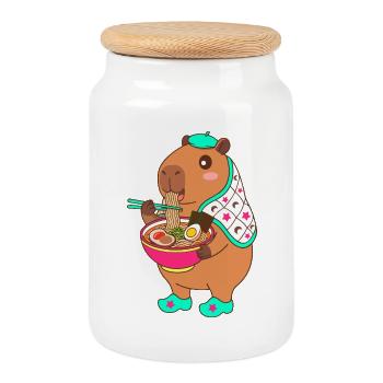 Adorable Capybara eating Ramen –Cute Japanese Gift - Cookie Jar with Wooden Lid - white - Front
