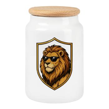 Lion avec des lunettes de soleil dans le bouclier - Boîte à biscuits avec couvercle en bois - blanc - Devant