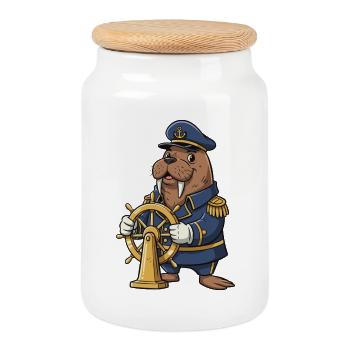 Captain's walrus at the wheel - Cookie Jar with Wooden Lid - white - Front