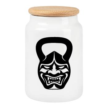 Masque de samouraï avec kettlebell de gymnase - Boîte à biscuits avec couvercle en bois - blanc - Devant