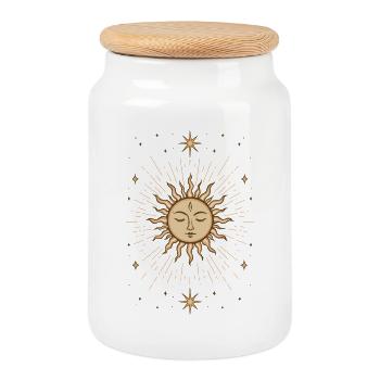 Mystische Sonne – Spirituelles Boho Motiv - Keksdose mit Holzdeckel - Weiß - Vorne