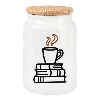 Books Coffee Mug Reading Book Club Bookworm - Cookie Jar with Wooden Lid - white - Front