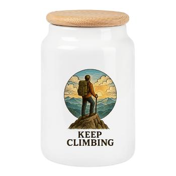 Keep Climbing: Mountaineers at sunrise - Cookie Jar with Wooden Lid - white - Front