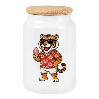 Hawaii-Tiger mit Eis-Sommerlook - Keksdose mit Holzdeckel - Weiß - Vorne