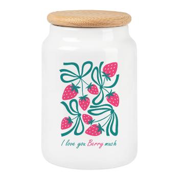 Ripe strawberries - Cookie Jar with Wooden Lid - white - Front