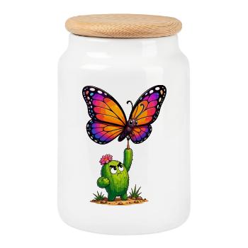 Colorful butterfly meets cactus hero - Cookie Jar with Wooden Lid - white - Front