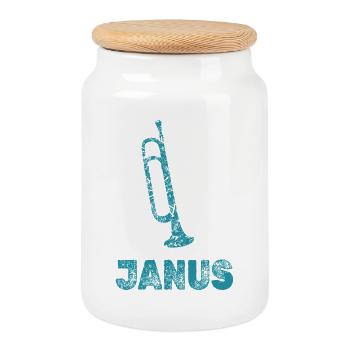 Janus Trompete – Vintage Street Art - Keksdose mit Holzdeckel - Weiß - Vorne