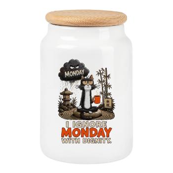 Zen Cat Defies Monday - Boîte à biscuits avec couvercle en bois - blanc - Devant