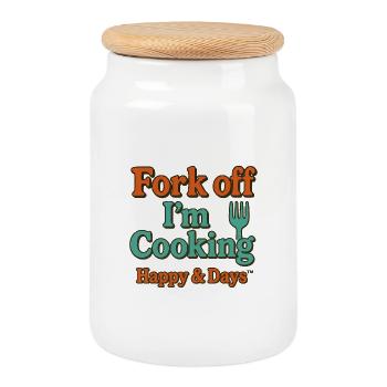 Fork Off I'm Cooking Humor - Cookie Jar with Wooden Lid - white - Front