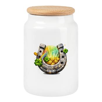 Lucky Horseshoe with Clover and Coins - Cookie Jar with Wooden Lid - white - Front