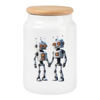 Robot Couple - Cookie Jar with Wooden Lid - white - Front