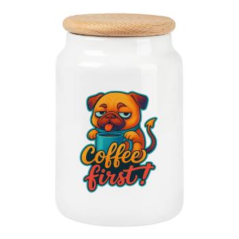 Chien fatigué avec tasse à café - Boîte à biscuits avec couvercle en bois - blanc - Devant