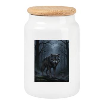 Wolf at night in the cloud forest - Cookie Jar with Wooden Lid - white - Front