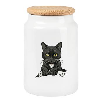 Black Cat Banner Art - Cookie Jar with Wooden Lid - white - Front
