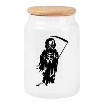 Ein Sensenmann -Der Tod mit einer Sense - Keksdose mit Holzdeckel - Weiß - Vorne