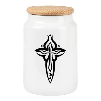 Cross, Crucifix, with pearls. - Cookie Jar with Wooden Lid - white - Front