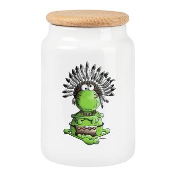 Indian Chieftain - Native - Frog - Cookie Jar with Wooden Lid - white - Front