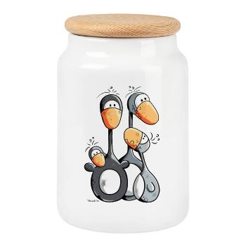 Cute Penguin Family - Cookie Jar with Wooden Lid - white - Front