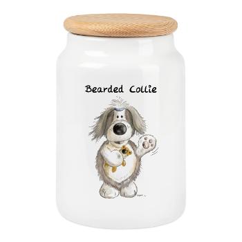 Bearded Collie With Teddy - Cookie Jar with Wooden Lid - white - Front