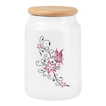 Flowers with filigree floral ornament, butterfly - Cookie Jar with Wooden Lid - white - Front