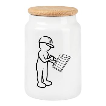 Homme avec casque et liste de contrôle sur chantier - Boîte à biscuits avec couvercle en bois - blanc - Devant
