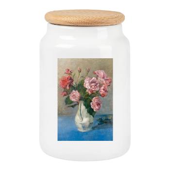 Painting - Painting with Roses in vase. - Cookie Jar with Wooden Lid - white - Front