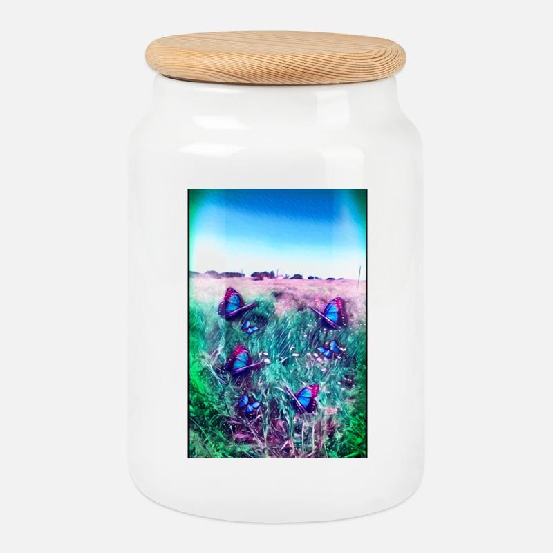 Blaue Schmetterlinge - Keksdose mit Holzdeckel - Weiß