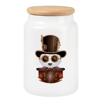 Steampunk Panda Bear avec chapeau cylindre et lunettes - Boîte à biscuits avec couvercle en bois - blanc - Devant