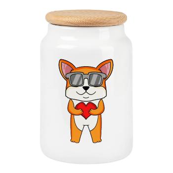 Welsh Corgi Pembroke avec lunettes de soleil et cœur - Boîte à biscuits avec couvercle en bois - blanc - Devant